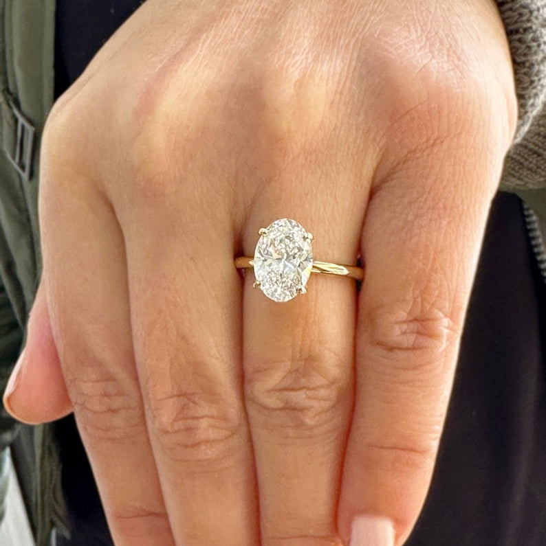Oval Shape Moissanite Engagement Ring Solitaire Four Prong Set Bridal Wedding Ring For Her Minimalist Design 14k Solid Yellow Gold 3.00ct image 2