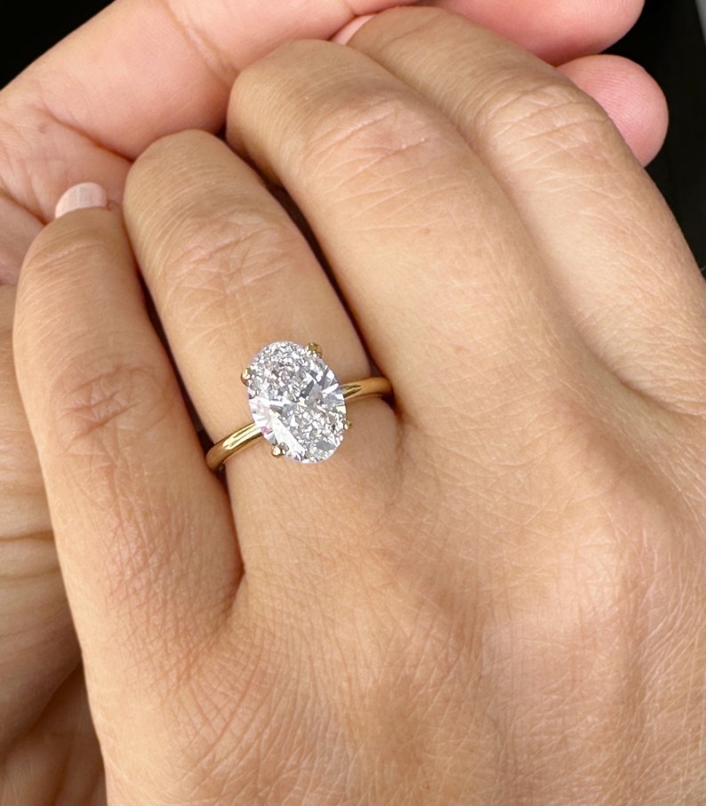 Oval Shape Moissanite Engagement Ring Solitaire Four Prong Set Bridal Wedding Ring For Her Minimalist Design 14k Solid Yellow Gold 3.00ct image 6