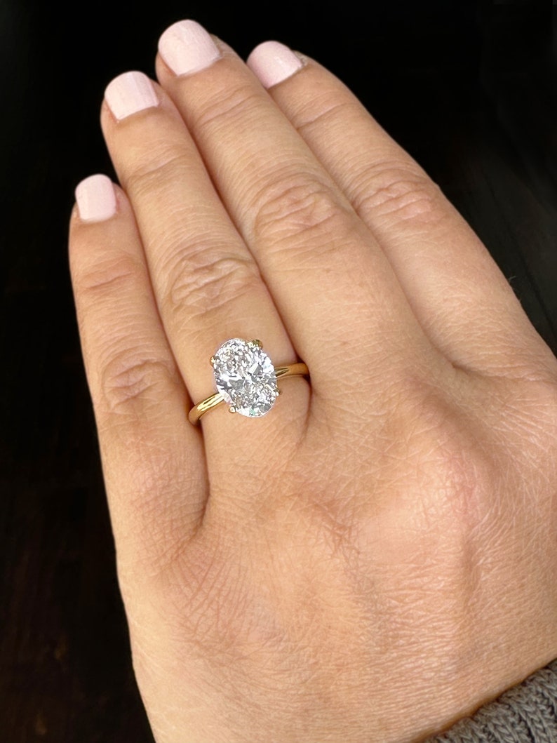 Oval Shape Moissanite Engagement Ring Solitaire Four Prong Set Bridal Wedding Ring For Her Minimalist Design 14k Solid Yellow Gold 3.00ct image 4