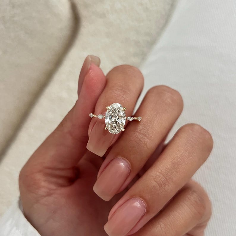 2 Carat Oval Lab Diamond E VVS2 Thin Engagement Ring / Minimalist Marquise Band Engagement Ring in 14k Yellow Gold / Dainty 2ct Oval Ring image 6