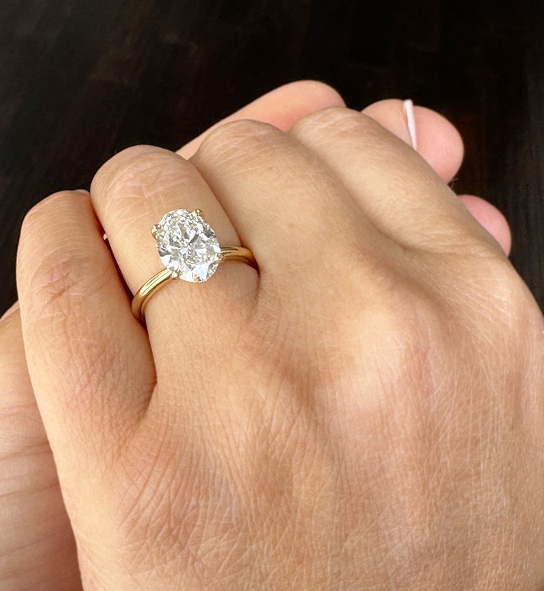 Oval Shape Moissanite Engagement Ring Solitaire Four Prong Set Bridal Wedding Ring For Her Minimalist Design 14k Solid Yellow Gold 3.00ct image 5