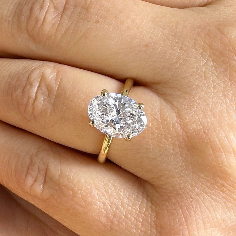 Oval Shape Moissanite Engagement Ring Solitaire Four Prong Set Bridal Wedding Ring For Her Minimalist Design 14k Solid Yellow Gold 3.00ct