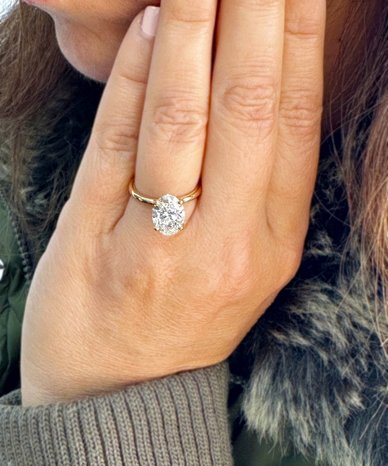 Oval Shape Moissanite Engagement Ring Solitaire Four Prong Set Bridal Wedding Ring For Her Minimalist Design 14k Solid Yellow Gold 3.00ct image 10