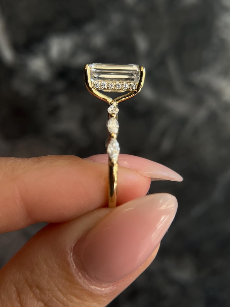 RARE D Color Emerald Cut 4.60 carat VVS2 Clarity IGI Certified Lab Grown Diamond Hidden Halo Engagement Ring, Side Marquise Cut 18K Gold image 4