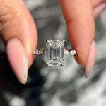 Load image into Gallery viewer, RARE D Color Emerald Cut 4.60 carat VVS2 Clarity IGI Certified Lab Grown Diamond Hidden Halo Engagement Ring, Side Marquise Cut 18K Gold image 1