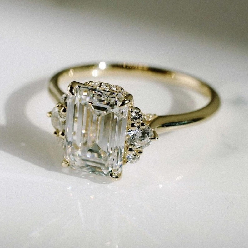 Marvellous!! Emerald Cut Moissanite Ring • Genuine Solid Gold Engagement Ring • Brilliant Round Cut • Three Stone Moissanite Diamond Ring image 2