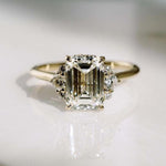 Load image into Gallery viewer, Marvellous!! Emerald Cut Moissanite Ring • Genuine Solid Gold Engagement Ring • Brilliant Round Cut • Three Stone Moissanite Diamond Ring image 4