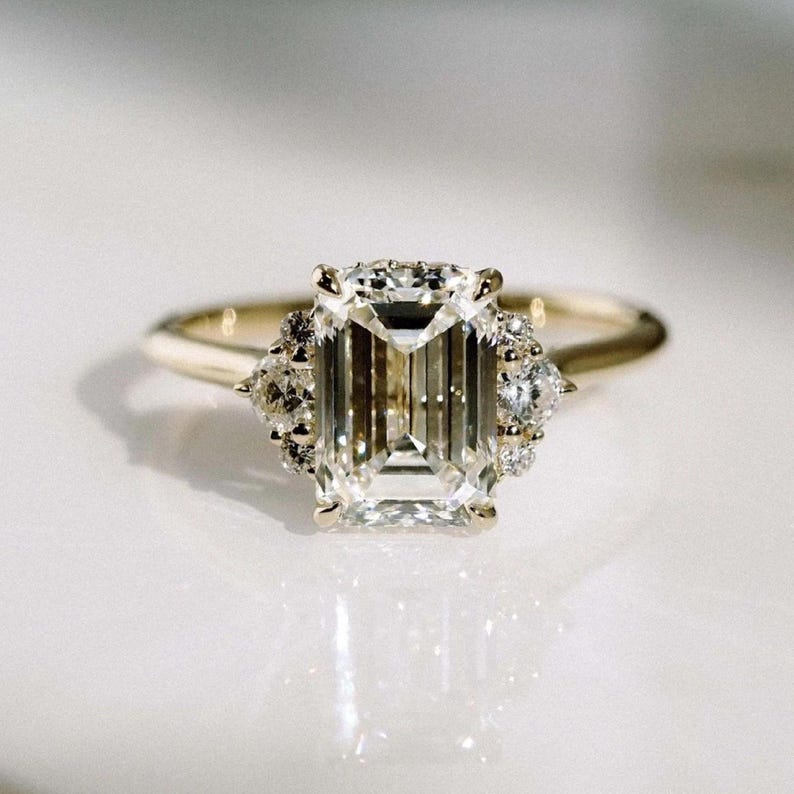 Marvellous!! Emerald Cut Moissanite Ring • Genuine Solid Gold Engagement Ring • Brilliant Round Cut • Three Stone Moissanite Diamond Ring image 4