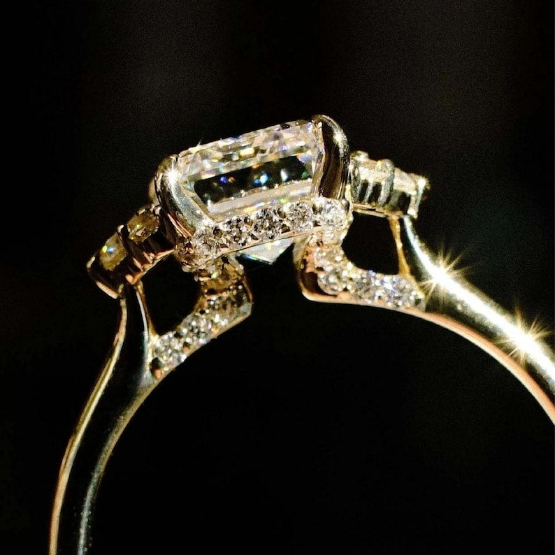 Marvellous!! Emerald Cut Moissanite Ring • Genuine Solid Gold Engagement Ring • Brilliant Round Cut • Three Stone Moissanite Diamond Ring image 3