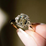 Load image into Gallery viewer, Emerald Cut Solitaire Moissanite Ring • Genuine Solid Gold Engagement Ring • Brilliant Round Cut • Three Stone Moissanite Diamond Ring