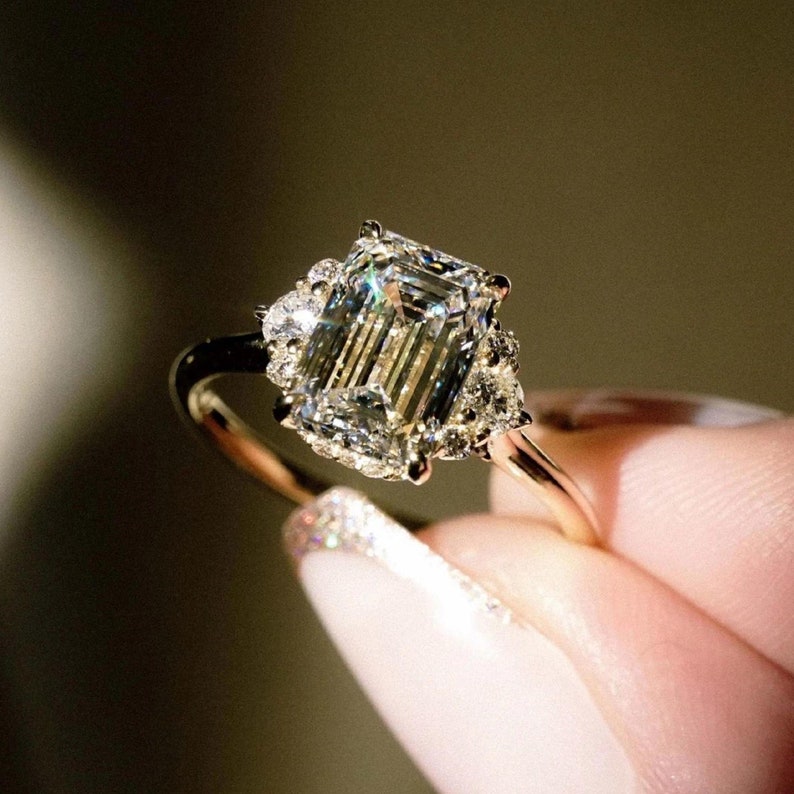 Emerald Cut Solitaire Moissanite Ring • Genuine Solid Gold Engagement Ring • Brilliant Round Cut • Three Stone Moissanite Diamond Ring