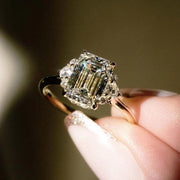 Emerald Cut Solitaire Moissanite Ring • Genuine Solid Gold Engagement Ring • Brilliant Round Cut • Three Stone Moissanite Diamond Ring