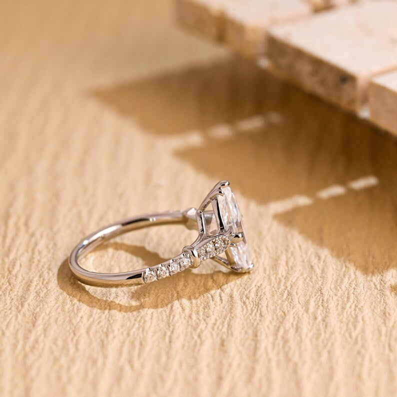 Solid Gold Marquise Cut Moissanite Engagement Ring, Half Pave Bridal Ring, Valentine's Day/ Anniversary/ Birthday Gift for Woman, Wife image 9