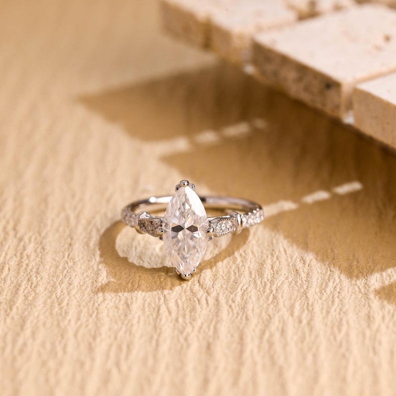 Solid Gold Marquise Cut Moissanite Engagement Ring, Half Pave Bridal Ring, Valentine's Day/ Anniversary/ Birthday Gift for Woman, Wife image 1