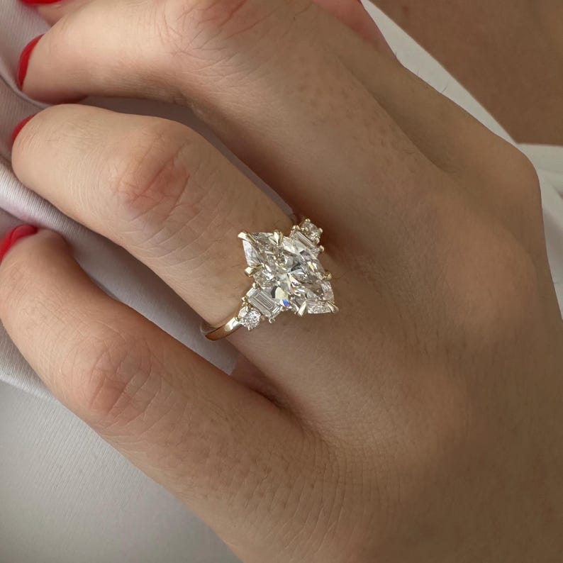 2 Carat Marquise Five Stone Engagement Ring / Multi Stone Marquise Cut Diamond Ring / 5 Stone Diamond Ring / Yellow Gold 2ct Proposal Ring image 4