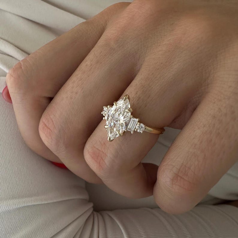 2 Carat Marquise Five Stone Engagement Ring / Multi Stone Marquise Cut Diamond Ring / 5 Stone Diamond Ring / Yellow Gold 2ct Proposal Ring image 5