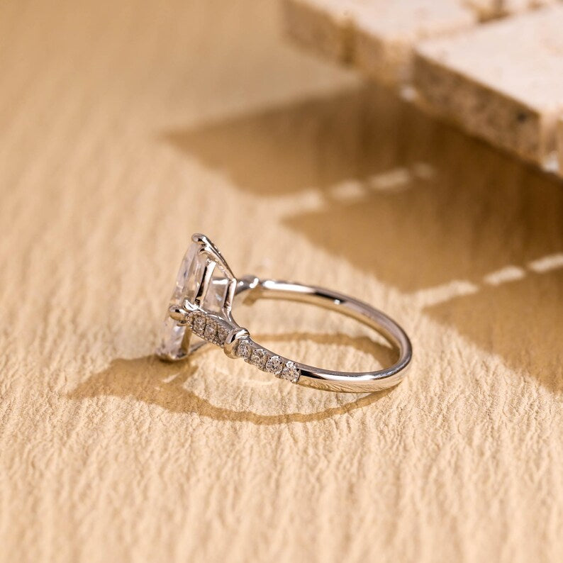 Solid Gold Marquise Cut Moissanite Engagement Ring, Half Pave Bridal Ring, Valentine's Day/ Anniversary/ Birthday Gift for Woman, Wife image 8