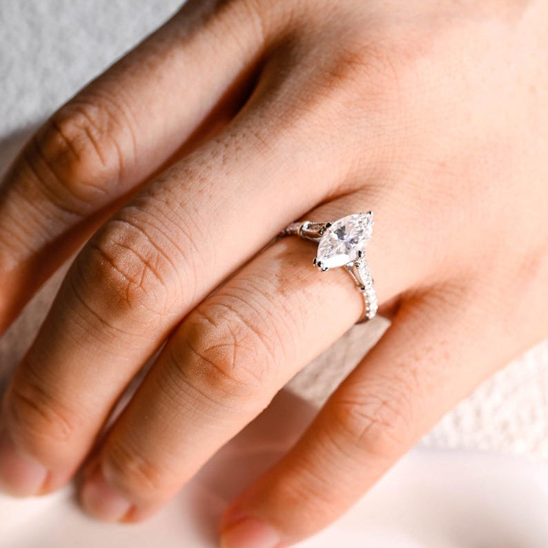 Solid Gold Marquise Cut Moissanite Engagement Ring, Half Pave Bridal Ring, Valentine's Day/ Anniversary/ Birthday Gift for Woman, Wife image 3
