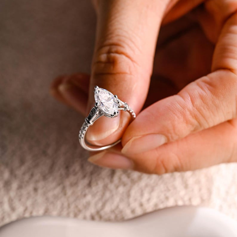 Solid Gold Marquise Cut Moissanite Engagement Ring, Half Pave Bridal Ring, Valentine's Day/ Anniversary/ Birthday Gift for Woman, Wife image 2