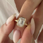 Load image into Gallery viewer, 3 Carat Emerald Cut E VVS2 Lab Grown Diamond Bezel Set Solitaire Ring / Art Deco Emerald Diamond Ring / 14k Gold Cathedral Engagement Ring image 7