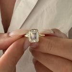 Load image into Gallery viewer, 3 Carat Emerald Cut E VVS2 Lab Grown Diamond Bezel Set Solitaire Ring / Art Deco Emerald Diamond Ring / 14k Gold Cathedral Engagement Ring image 5