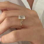 Load image into Gallery viewer, 3 Carat Emerald Cut E VVS2 Lab Grown Diamond Bezel Set Solitaire Ring / Art Deco Emerald Diamond Ring / 14k Gold Cathedral Engagement Ring image 9