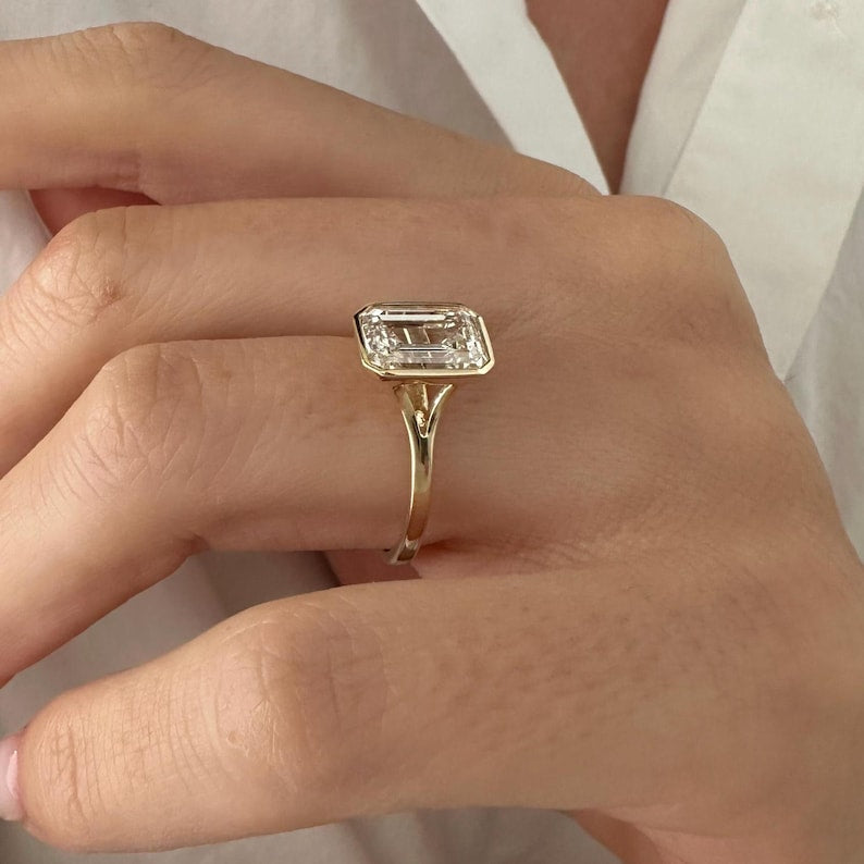 3 Carat Emerald Cut E VVS2 Lab Grown Diamond Bezel Set Solitaire Ring / Art Deco Emerald Diamond Ring / 14k Gold Cathedral Engagement Ring image 9