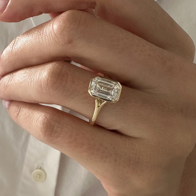 3 Carat Emerald Cut E VVS2 Lab Grown Diamond Bezel Set Solitaire Ring / Art Deco Emerald Diamond Ring / 14k Gold Cathedral Engagement Ring image 2