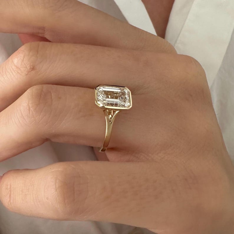 3 Carat Emerald Cut E VVS2 Lab Grown Diamond Bezel Set Solitaire Ring / Art Deco Emerald Diamond Ring / 14k Gold Cathedral Engagement Ring image 10