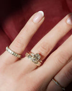 Load image into Gallery viewer, Elegant 1.60ct cushion lab-created diamond ring with a secure double claw setting, flanked by two side stones and finished with a dome shank. A stunning three stone engagement ring that makes a perfect anniversary or birthday gift ring for her.