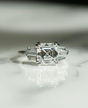4.50 total carat weight Asscher lab created diamond engagement ring featuring double prong details, IGI certified for quality. A stunning anniversary gift or forever classic ring, perfect for marking milestones with elegance.
