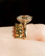 Load image into Gallery viewer, Cathedral-style 3ct cushion solitaire engagement ring with lab grown diamond, prong mount, and straight shank design. A forever bridal or promise ring for her—an elegant and ethical birthday gift that reflects your love and commitment.