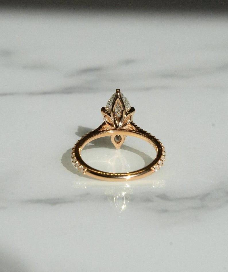 14k Solid Yellow Gold Engagement Ring,2.25 CT Marquise Cut Moissanite,6 Claw Prongs,Lovely Petal Setting,1.8 MM Cathedral Band,Trends Setter image 2