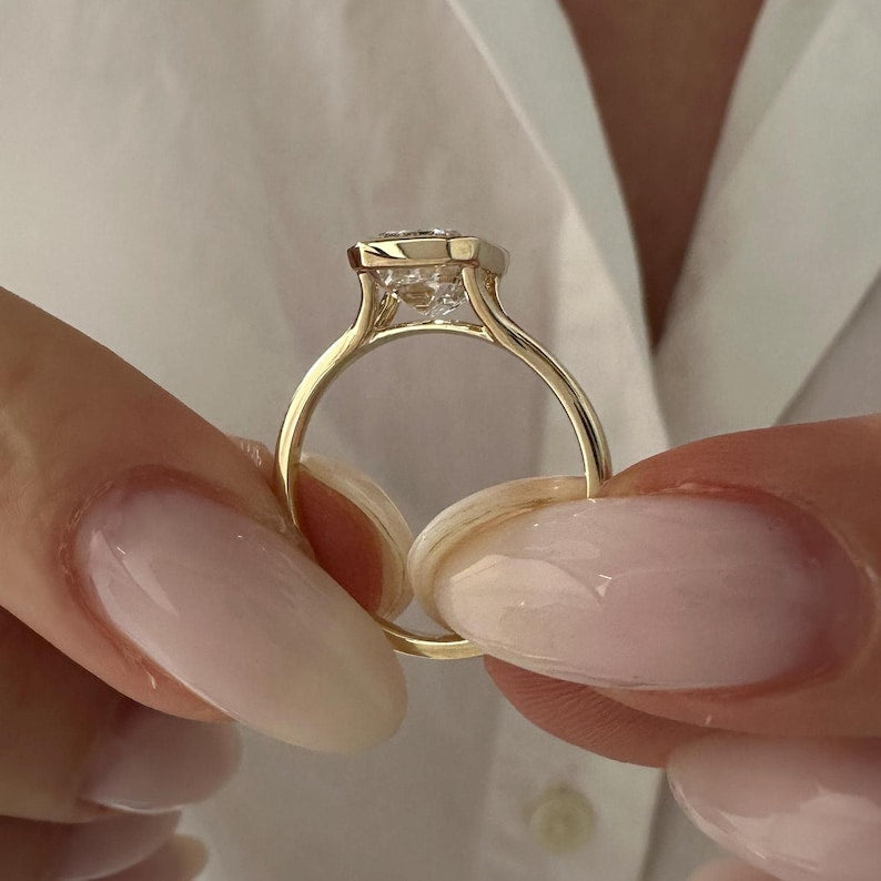 3 Carat Emerald Cut E VVS2 Lab Grown Diamond Bezel Set Solitaire Ring / Art Deco Emerald Diamond Ring / 14k Gold Cathedral Engagement Ring image 3