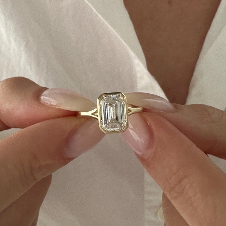 3 Carat Emerald Cut E VVS2 Lab Grown Diamond Bezel Set Solitaire Ring / Art Deco Emerald Diamond Ring / 14k Gold Cathedral Engagement Ring image 6