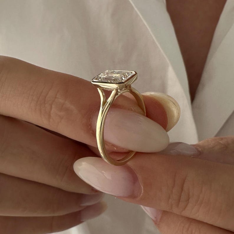 3 Carat Emerald Cut E VVS2 Lab Grown Diamond Bezel Set Solitaire Ring / Art Deco Emerald Diamond Ring / 14k Gold Cathedral Engagement Ring image 4
