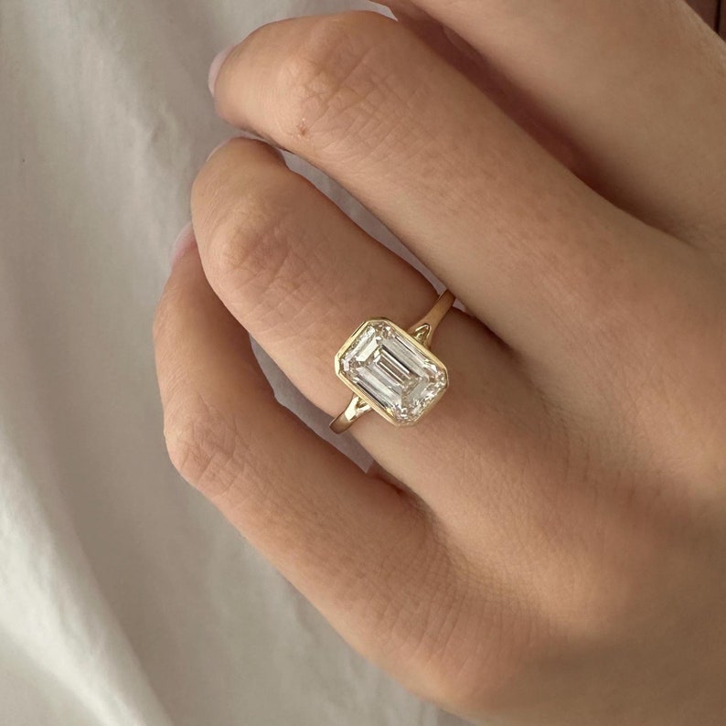 3 Carat Emerald Cut E VVS2 Lab Grown Diamond Bezel Set Solitaire Ring / Art Deco Emerald Diamond Ring / 14k Gold Cathedral Engagement Ring image 1
