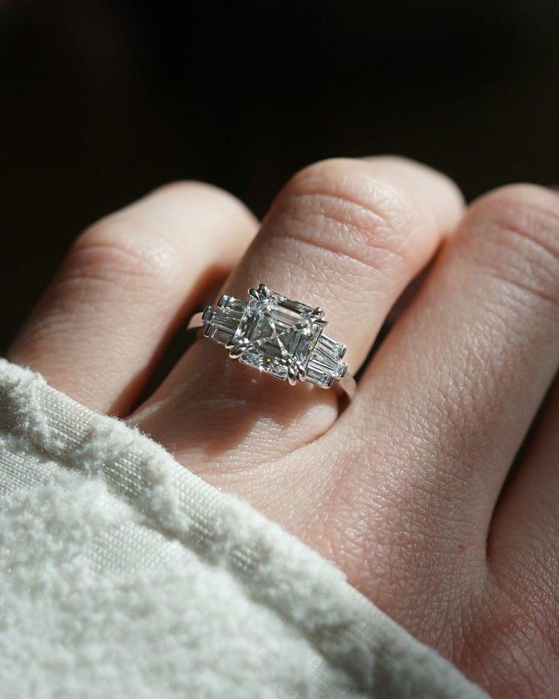Asscher cut 4.50tcw lab grown diamond engagement ring with double prong style, IGI certified. A sophisticated anniversary ring or forever classic diamond piece, ideal for proposals and lifelong memories.