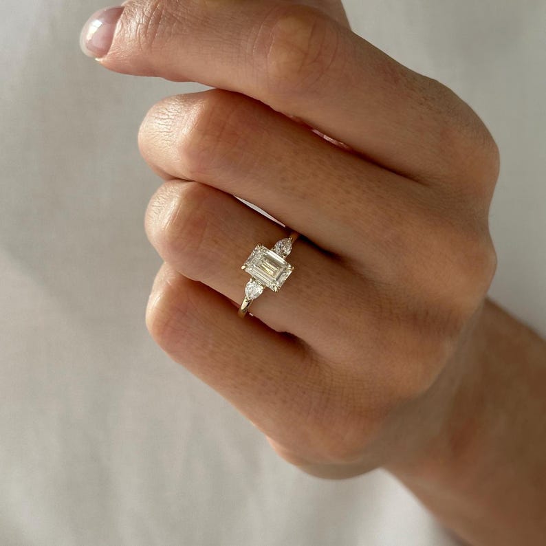 1.5 Carat Emerald Cut E VVS2 Lab Grown Diamond Three Stone Ring / 1.8 Carat Total / Emerald and Pear Cut 3 Stone Ring / Trilogy Ring / Triad image 4