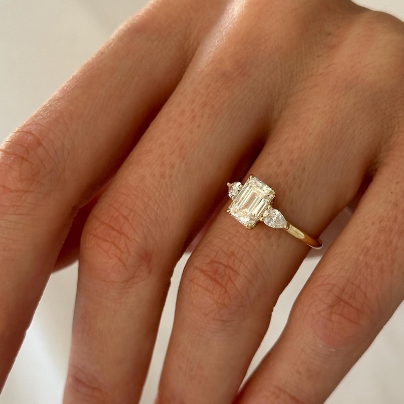 1.5 Carat Emerald Cut E VVS2 Lab Grown Diamond Three Stone Ring / 1.8 Carat Total / Emerald and Pear Cut 3 Stone Ring / Trilogy Ring / Triad image 8