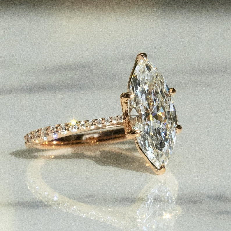 14k Solid Yellow Gold Engagement Ring,2.25 CT Marquise Cut Moissanite,6 Claw Prongs,Lovely Petal Setting,1.8 MM Cathedral Band,Trends Setter image 1