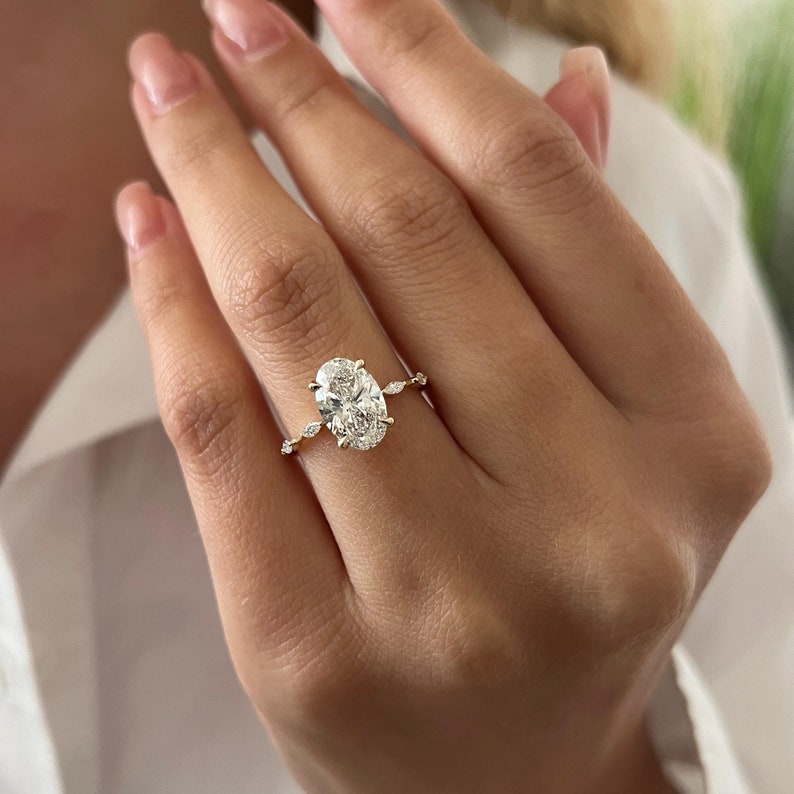 2 Carat Oval Lab Diamond E VVS2 Thin Engagement Ring / Minimalist Marquise Band Engagement Ring in 14k Yellow Gold / Dainty 2ct Oval Ring image 1