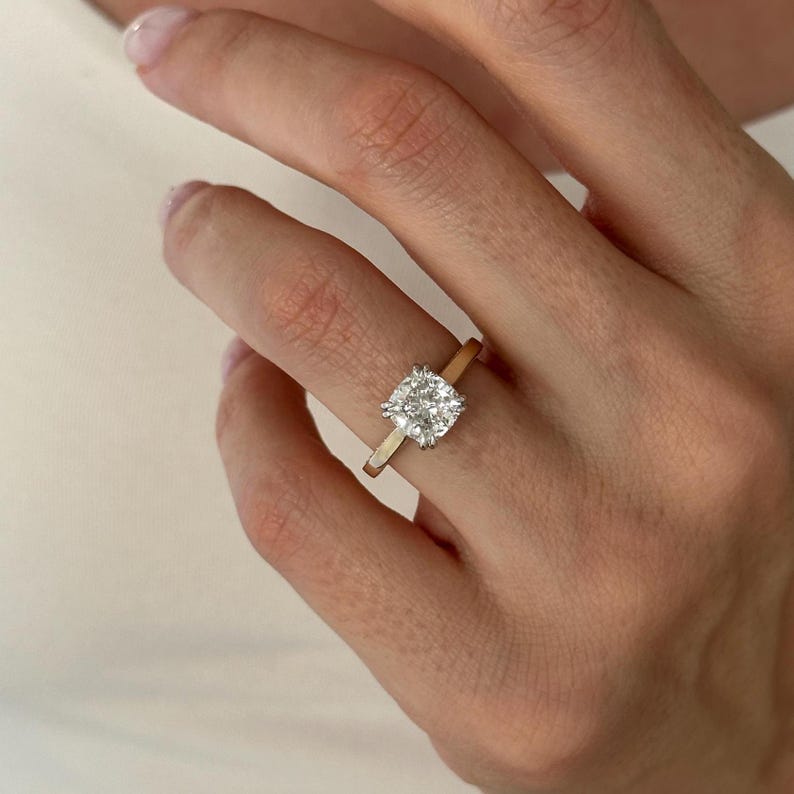 UNIQUE 2 Carat Cushion Lab Grown Diamond Hidden Halo Engagement Ring , Side Pave Diamonds Shank , Two Tone Proposal Ring , D VVS2 IGI Cert image 7