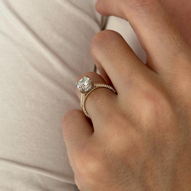 UNIQUE 2 Carat Cushion Lab Grown Diamond Hidden Halo Engagement Ring , Side Pave Diamonds Shank , Two Tone Proposal Ring , D VVS2 IGI Cert image 3