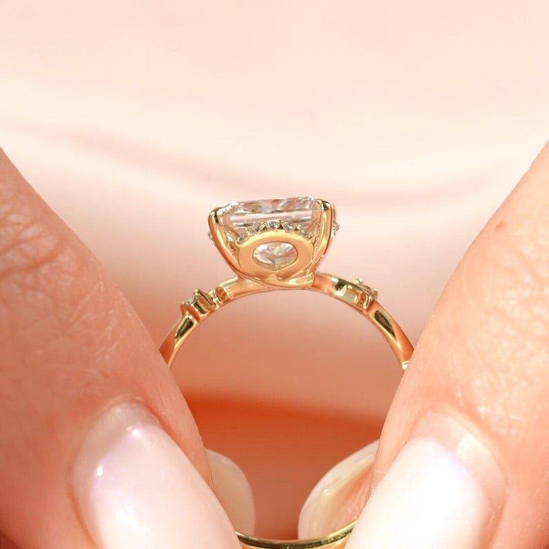 2CT princess hidden-halo solitaire, leaf vine band, solid gold, lab-grown or moissanite image 6