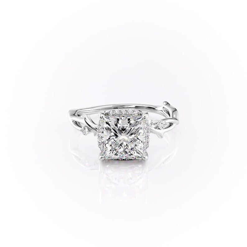2CT princess hidden-halo solitaire, leaf vine band, solid gold, lab-grown or moissanite image 7