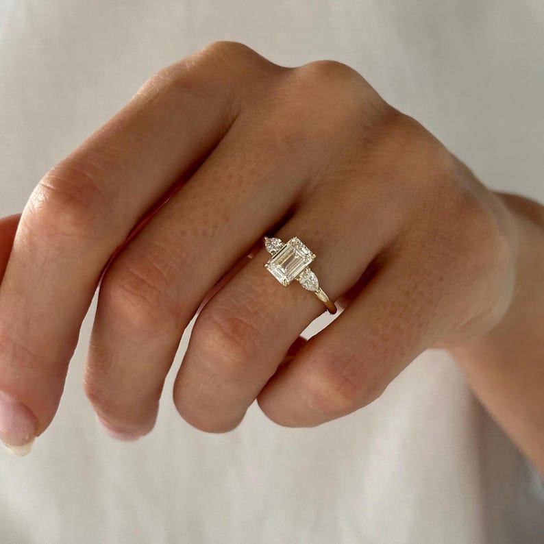 1.5 Carat Emerald Cut E VVS2 Lab Grown Diamond Three Stone Ring / 1.8 Carat Total / Emerald and Pear Cut 3 Stone Ring / Trilogy Ring / Triad image 3