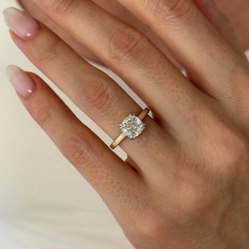 UNIQUE 2 Carat Cushion Lab Grown Diamond Hidden Halo Engagement Ring , Side Pave Diamonds Shank , Two Tone Proposal Ring , D VVS2 IGI Cert image 4