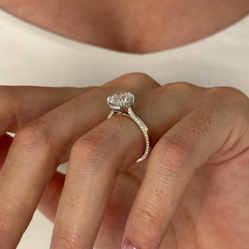 UNIQUE 2 Carat Cushion Lab Grown Diamond Hidden Halo Engagement Ring , Side Pave Diamonds Shank , Two Tone Proposal Ring , D VVS2 IGI Cert image 5