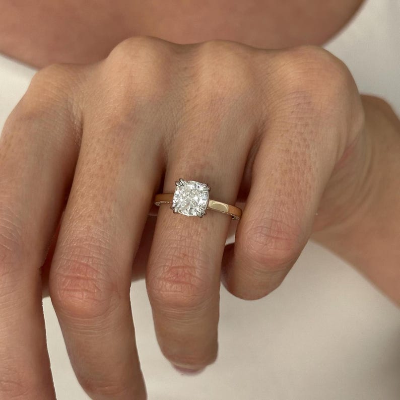 UNIQUE 2 Carat Cushion Lab Grown Diamond Hidden Halo Engagement Ring , Side Pave Diamonds Shank , Two Tone Proposal Ring , D VVS2 IGI Cert image 6